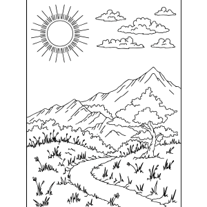 Caminho sinuoso até as montanhas sob o sol para colorir