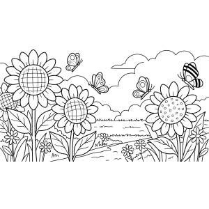 Campo de girassóis com borboletas para colorir
