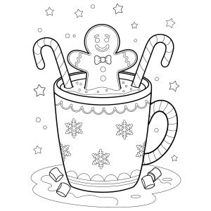 Caneca com biscoito de gengibre e bengalas para colorir