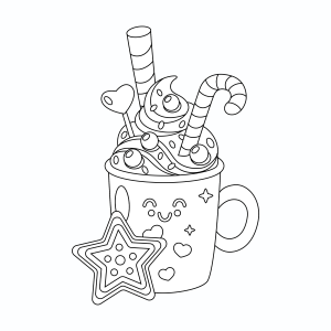 Caneca de estrela com biscoitos e bengala para colorir