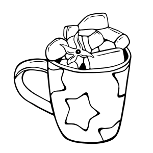 Caneca de estrela com marshmallows e bengala para colorir