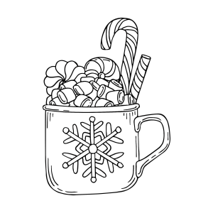 Caneca de Natal cheia de marshmallows e bengala para colorir