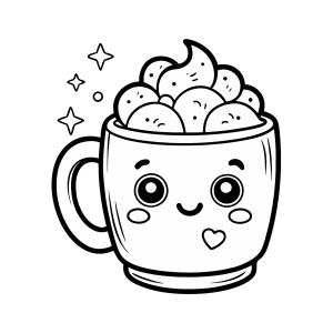 Caneca kawaii com marshmallows e estrelinhas para colorir