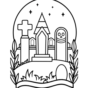 Capela do cemitério com lápides e estrelas para colorir