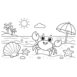 Caranguejo fofo na praia para colorir