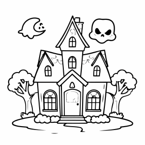 Casa assombrada com caveira na lua para colorir