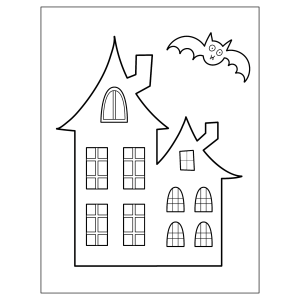 Casa assombrada vista de frente com morcegos para colorir