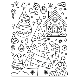 Casa de biscoito de gengibre e árvore de Natal para colorir