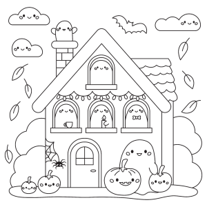 Casa de fantasmas com folhas de outono para colorir