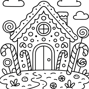 Casa de gengibre com caminho de balinhas para colorir