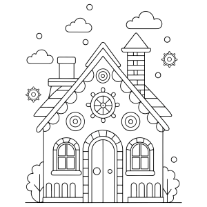 Casa de gengibre com chaminé e enfeites redondos para colorir