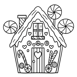 Casa de gengibre com pirulitos gigantes nos cantos para colorir