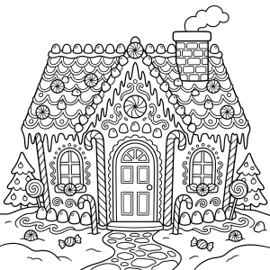 Casa de gengibre grande com balas e cerca para colorir