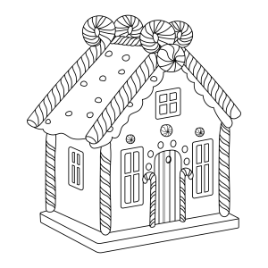 Casa de gengibre vista de lado com biscoitos no telhado para colorir