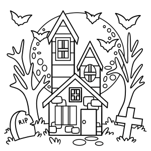Casa mal-assombrada com fantasmas e cemitério para colorir