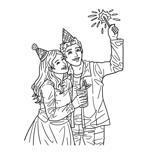 Casal de chapéu de festa com estrelinhas para colorir