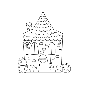 Casinha de bruxa com gato e abóbora para colorir