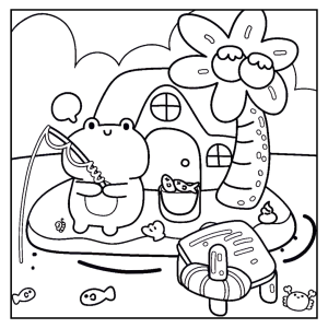 Casinha de cogumelo com amiguinhos no campo para colorir