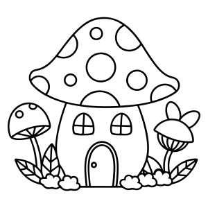Casinha de cogumelo com chaminé e flores para colorir