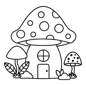 Casinha de cogumelo com janela redonda e plantinhas para colorir
