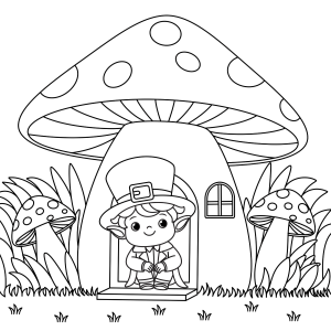 Casinha de cogumelo com um duende na porta para colorir