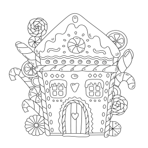Casinha de gengibre cercada de doces e pirulitos para colorir
