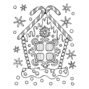 Casinha de gengibre cercada de flocos de neve para colorir
