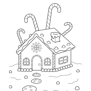 Casinha de gengibre com bengalas doces no telhado para colorir