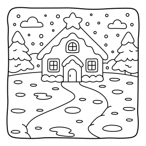Casinha de gengibre com caminho de pedras na neve para colorir