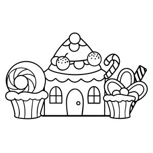 Casinha de gengibre com cupcakes e doces para colorir