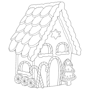 Casinha de gengibre com estrela e telhado de escamas para colorir