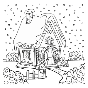 Casinha de gengibre com flocos de neve caindo para colorir