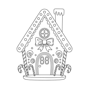 Casinha de gengibre com laço e bengalas doces para colorir