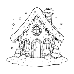 Casinha de gengibre com neve e pinheirinhos para colorir