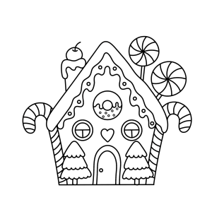 Casinha de gengibre com pirulitos e bengalas para colorir
