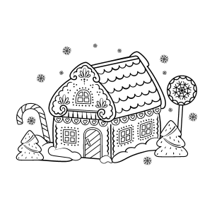 Casinha de gengibre com pirulitos no jardim para colorir