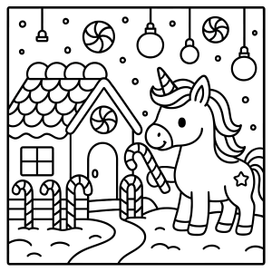 Casinha de gengibre com unicórnio no jardim para colorir