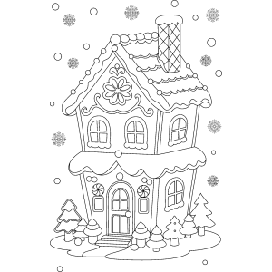 Casinha de gengibre enfeitada entre flocos de neve para colorir