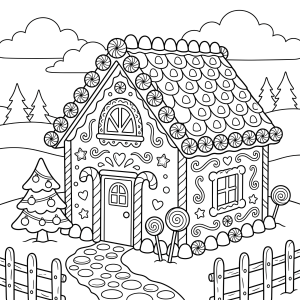 Casinha de gengibre na neve com cerquinha para colorir