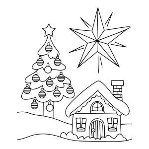 Casinha na neve com estrela de Natal para colorir
