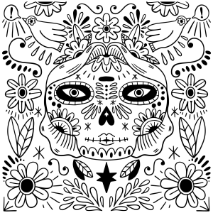 Catrina com flores e notas musicais para colorir