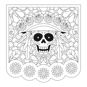 Catrina de chapéu em moldura de papel picado para colorir