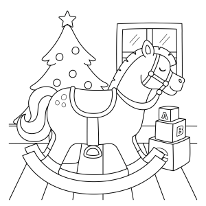 Cavalinho de balanço ao lado da árvore de Natal para colorir