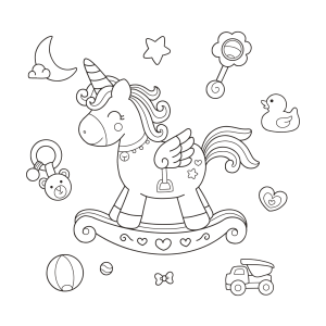 Cavalinho de balanço unicórnio com brinquedos para colorir