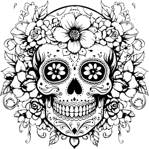 Caveira cercada de rosas e flores para colorir