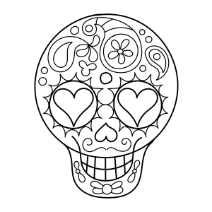 Caveira com corações e arabescos para colorir