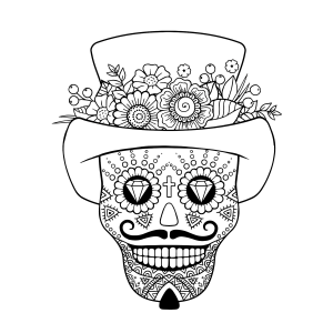 Caveira de cartola e bigode para colorir