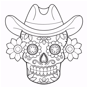 Caveira de chapéu de cowboy com flores para colorir