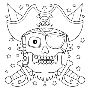 Caveira pirata de tapa-olho com espadas cruzadas para colorir