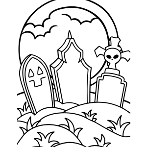 Cemitério com caveira e morcegos sob a lua para colorir